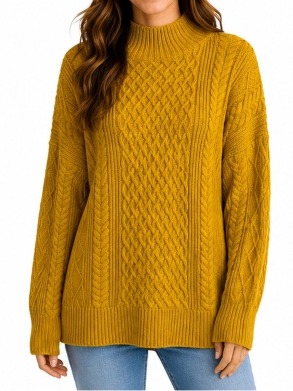 J.Crew 100% Cotton Cable Knit Mock Neck Sweater Medium Mustard Yellow
